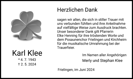 Traueranzeige von Karl Klee von HZ