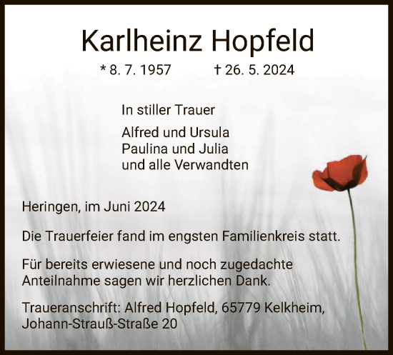 Traueranzeige von Karlheinz Hopfeld von HZ