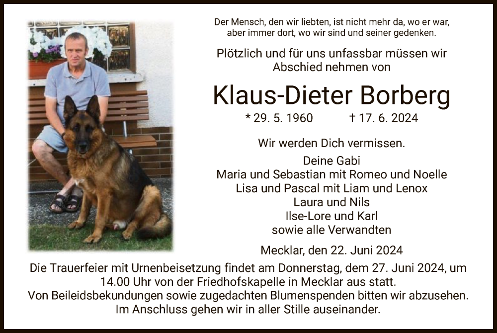  Traueranzeige für Klaus-Dieter Borberg vom 22.06.2024 aus HZ