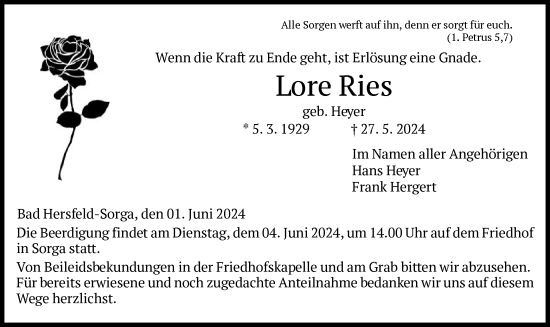 Traueranzeige von Lore Ries von HZ