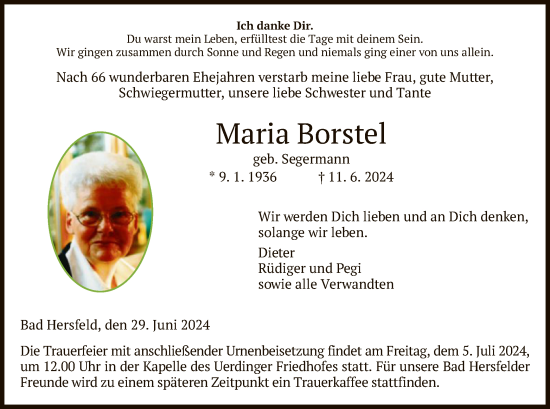 Traueranzeige von Maria Borstel von HZ