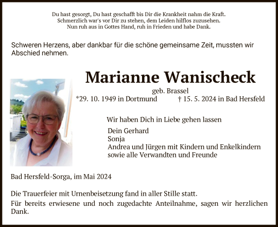 Traueranzeige von Marianne Wanischeck von HZHNA