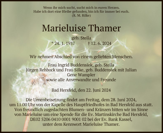 Traueranzeige von Marieluise Thamer von HZHNA