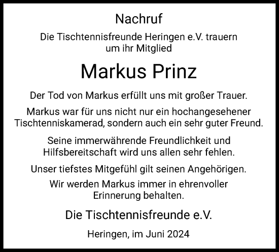 Traueranzeige von Markus Prinz von HZHNA