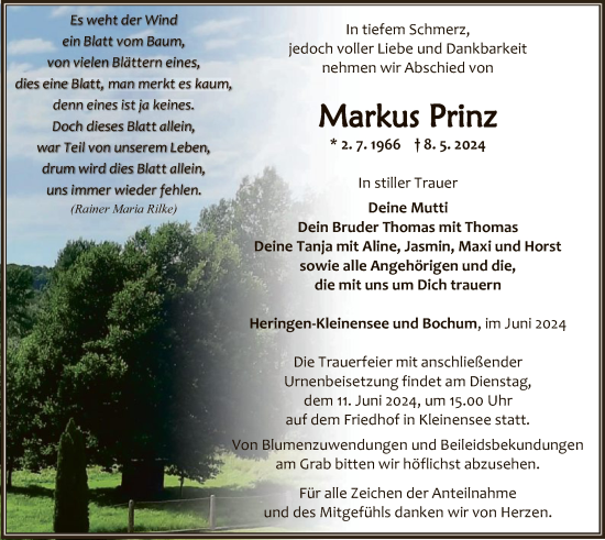 Traueranzeige von Markus Prinz von HZHNA