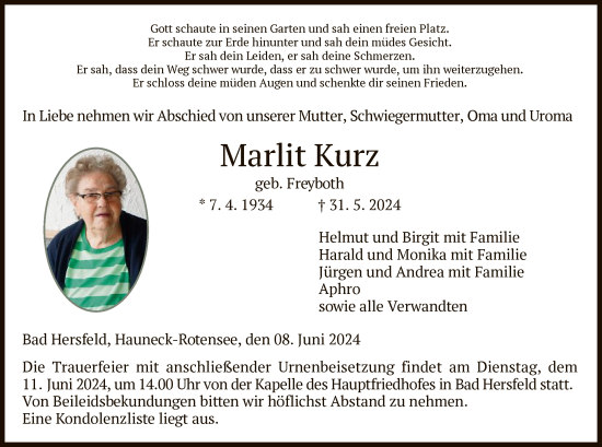 Traueranzeige von Marlit Kurz von HZ