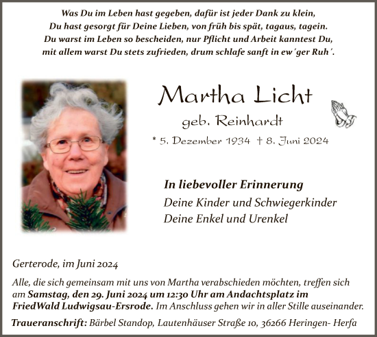 Traueranzeige von Martha Licht von HZHNA