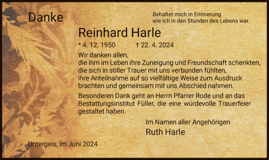 Traueranzeige von Reinhard Harle von HZ