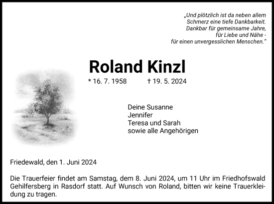 Traueranzeige von Roland Kinzl von HZHNA