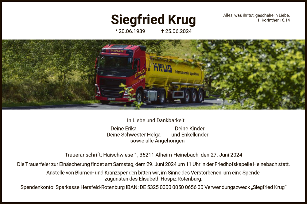  Traueranzeige für Siegfried Krug vom 27.06.2024 aus HNAHNAHNAHZ