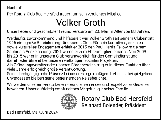 Traueranzeige von Volker Groth von HZ