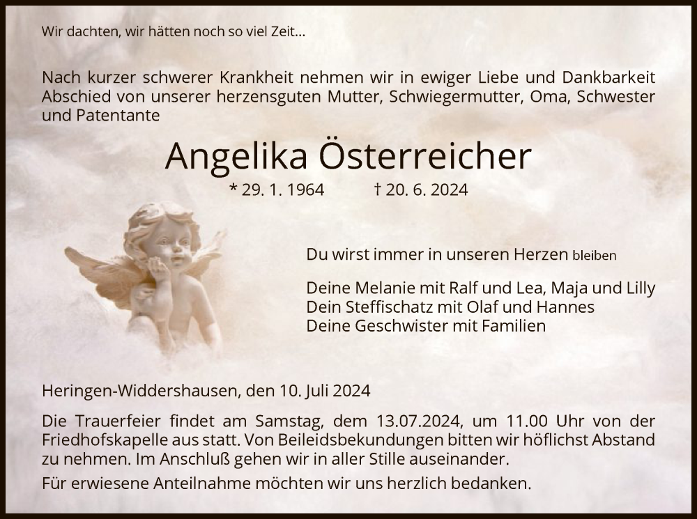  Traueranzeige für Angelika Österreicher vom 10.07.2024 aus HZ