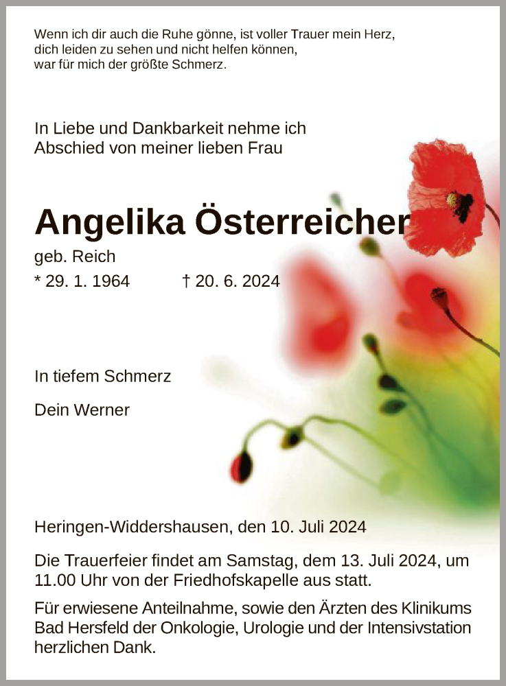  Traueranzeige für Angelika Österreicher vom 10.07.2024 aus HZ