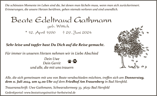 Traueranzeige von Beate Edeltraud Gathmann von HZ