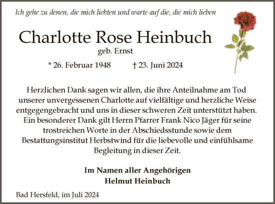 Traueranzeige von Charlotte Rose Heinbuch von HZ