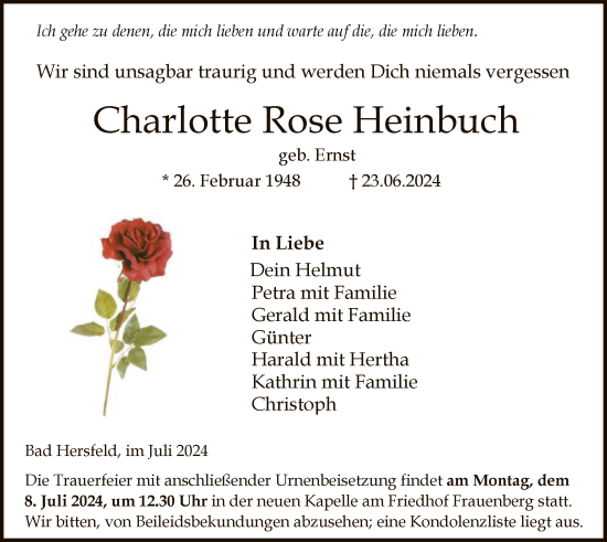 Traueranzeige von Charlotte Rose Heinbuch von HZ