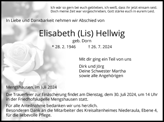 Traueranzeige von Elisabeth Hellwig von HZ