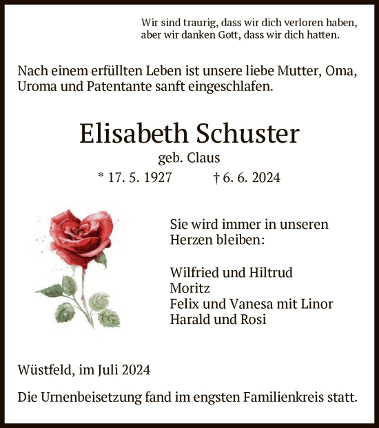 Traueranzeige von Elisabeth Schuster von HZ