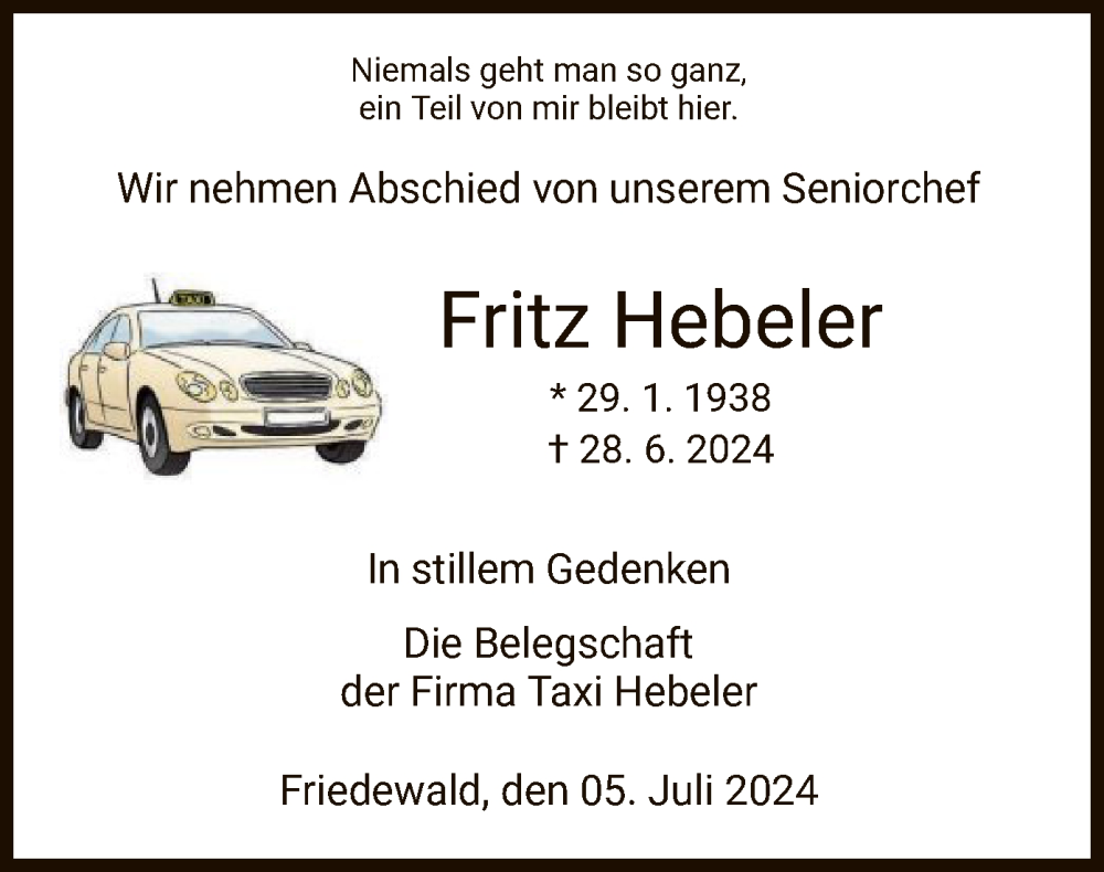  Traueranzeige für Fritz Hebeler vom 05.07.2024 aus HZ