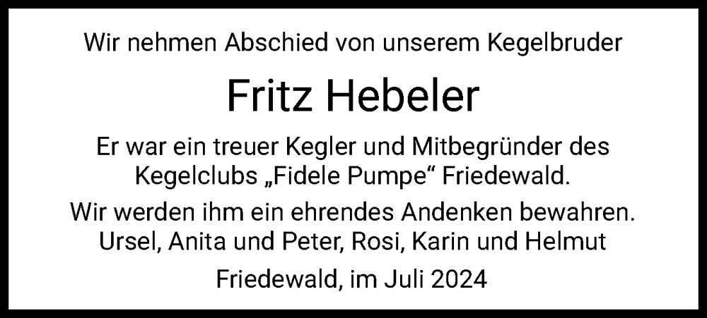  Traueranzeige für Fritz Hebeler vom 05.07.2024 aus HZ