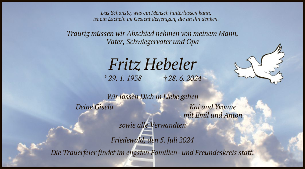  Traueranzeige für Fritz Hebeler vom 05.07.2024 aus HZ