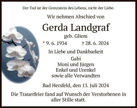 Traueranzeige von Gerda Landgraf von HZ