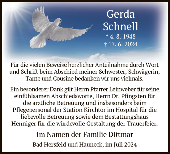 Traueranzeige von Gerda Schnell von HZ