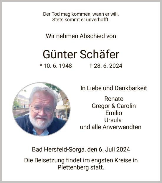 Traueranzeige von Günter Schäfer von HZ