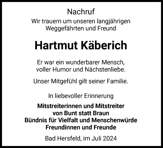 Traueranzeige von Hartmut Käberich von HZ