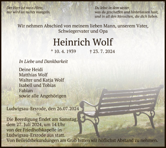 Traueranzeige von Heinrich Wolf von HZHNA