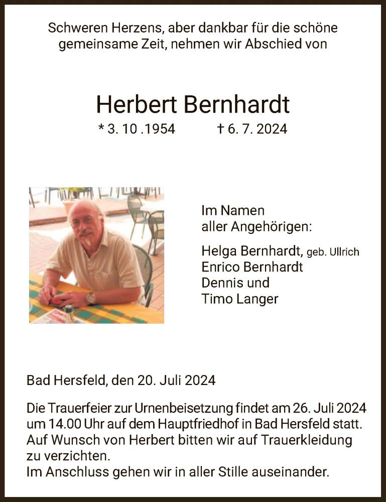  Traueranzeige für Herbert Bernhardt vom 20.07.2024 aus HZ