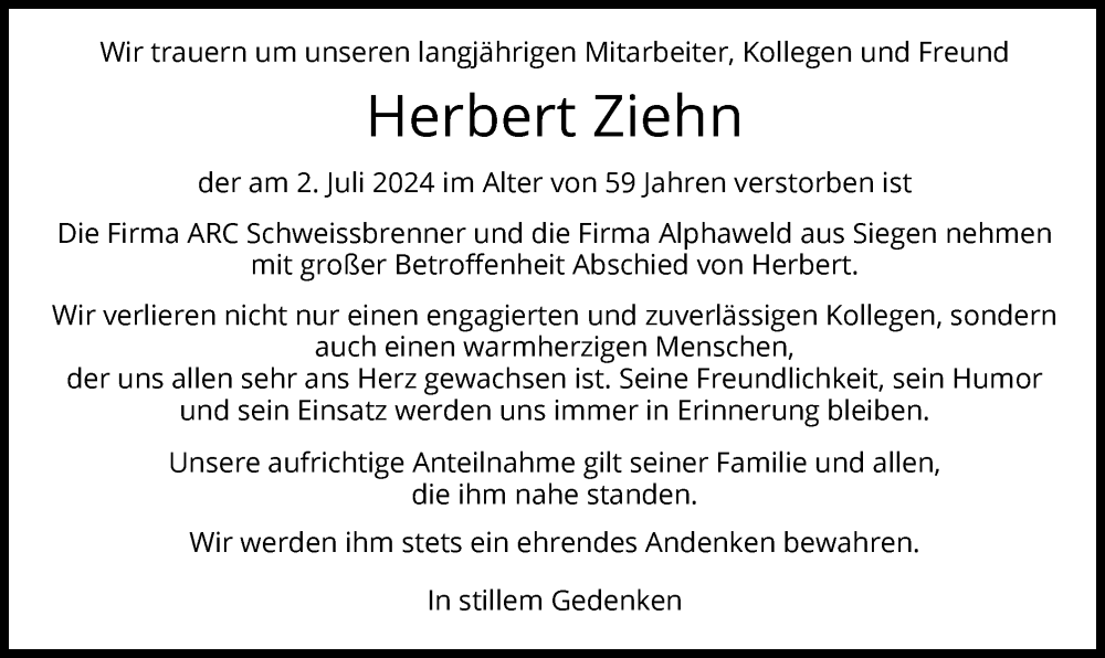  Traueranzeige für Herbert Ziehn vom 13.07.2024 aus HZ