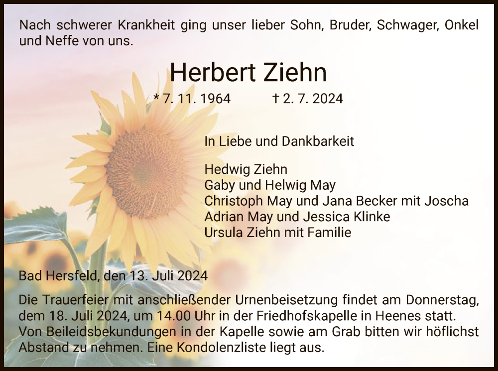  Traueranzeige für Herbert Ziehn vom 13.07.2024 aus HZ