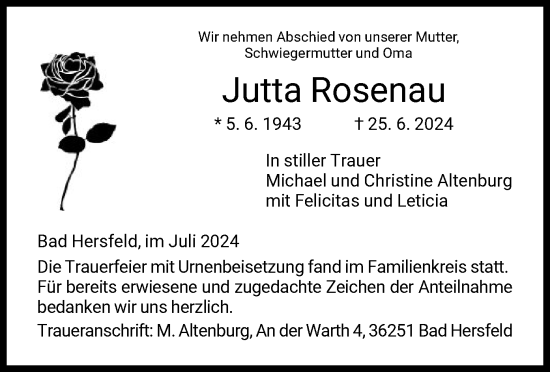 Traueranzeige von Jutta Rosenau von HZ