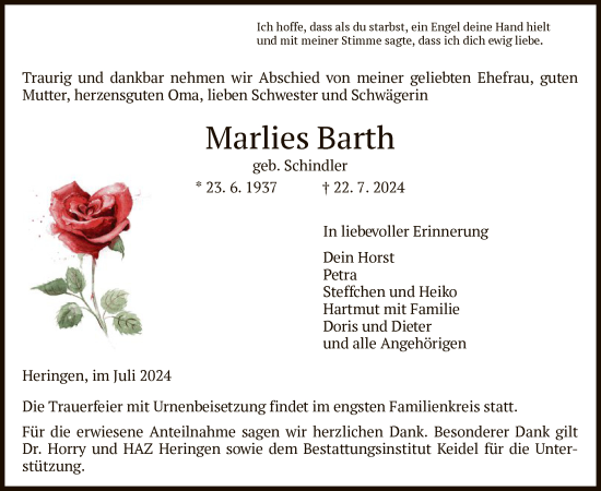 Traueranzeige von Marlies Barth von HZ