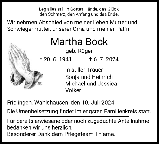 Traueranzeige von Martha Bock von HZ