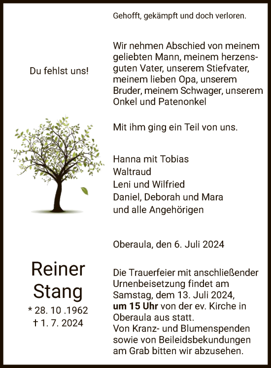 Traueranzeige von Reiner Stang von HZ