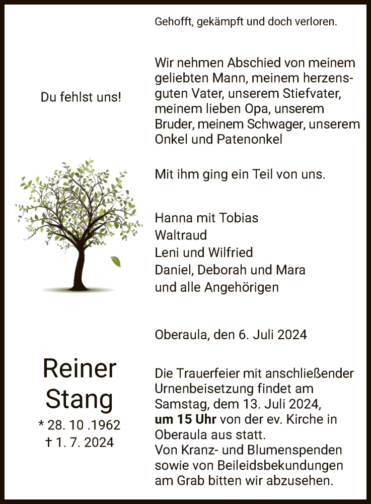  Traueranzeige für Reiner Stang vom 06.07.2024 aus HZ