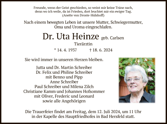 Traueranzeige von Uta Heinze von HZ