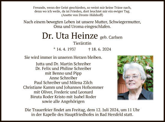 Traueranzeige von Uta Heinze von HZ