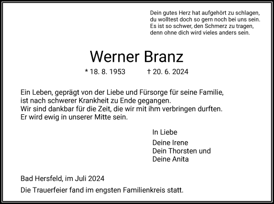 Traueranzeige von Werner Branz von HZ