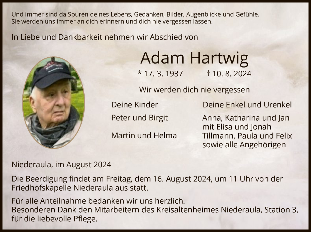  Traueranzeige für Adam Hartwig vom 13.08.2024 aus HZ