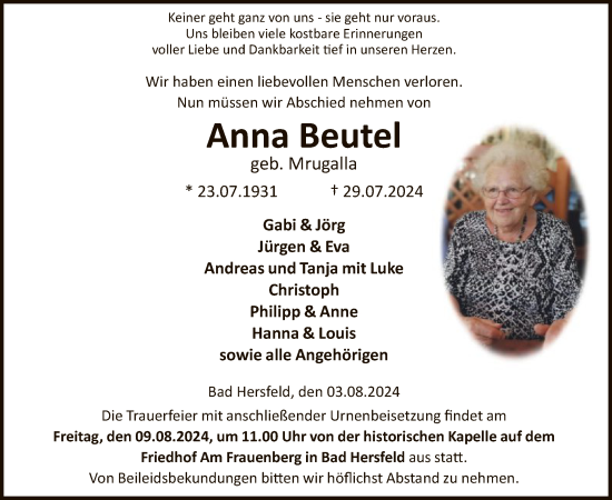 Traueranzeige von Anna Beutel von HZ