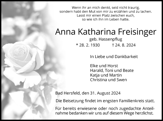 Traueranzeige von Anna Katharina Freisinger von HZ