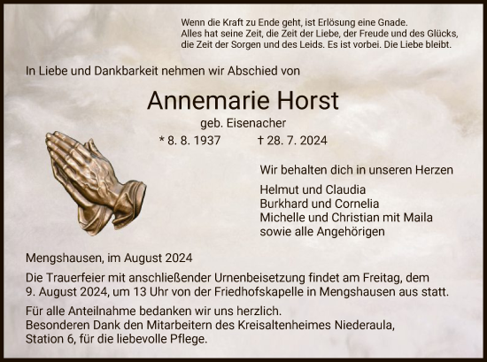 Traueranzeige von Annemarie Horst von HZ