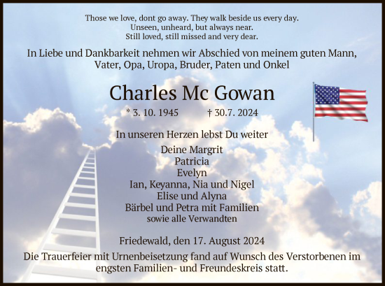Traueranzeige von Charles McGowan von HZ