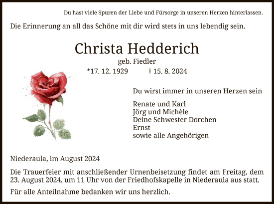 Traueranzeige von Christa Hedderich von HZ
