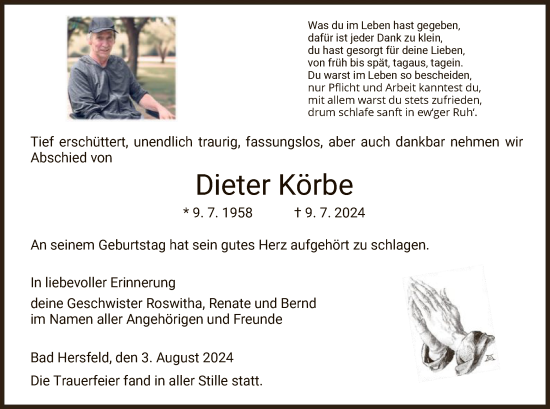 Traueranzeige von Dieter Körbe von HZ