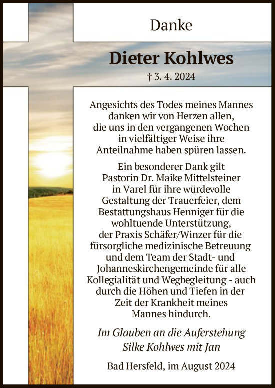 Traueranzeige von Dieter Kohlwes von HZ