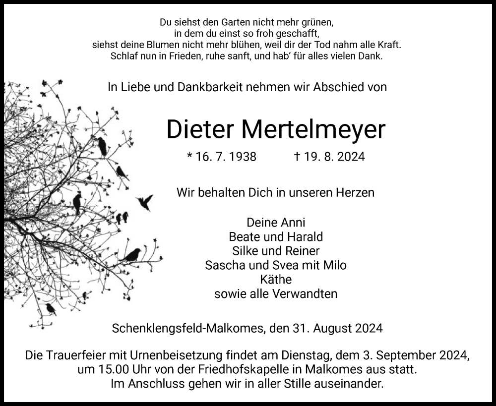  Traueranzeige für Dieter Mertelmeyer vom 31.08.2024 aus HZ